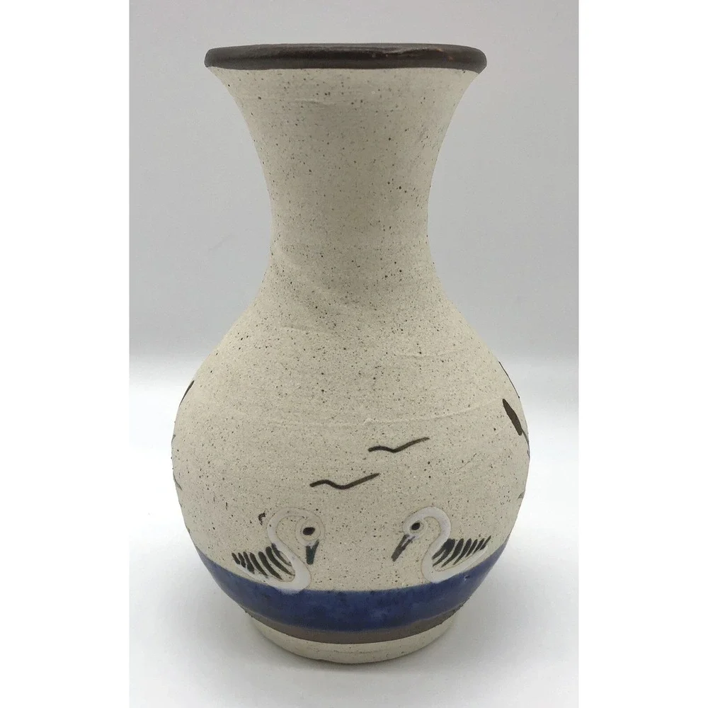 Vintage Tonala Mexico Vase Art Pottery Swans Cattails Water Sandstone‎ 5